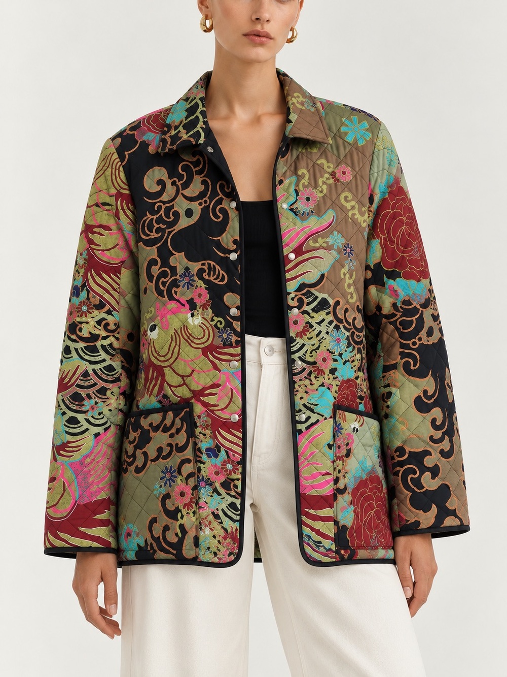 Harari silk quilted abstract jacket green brown